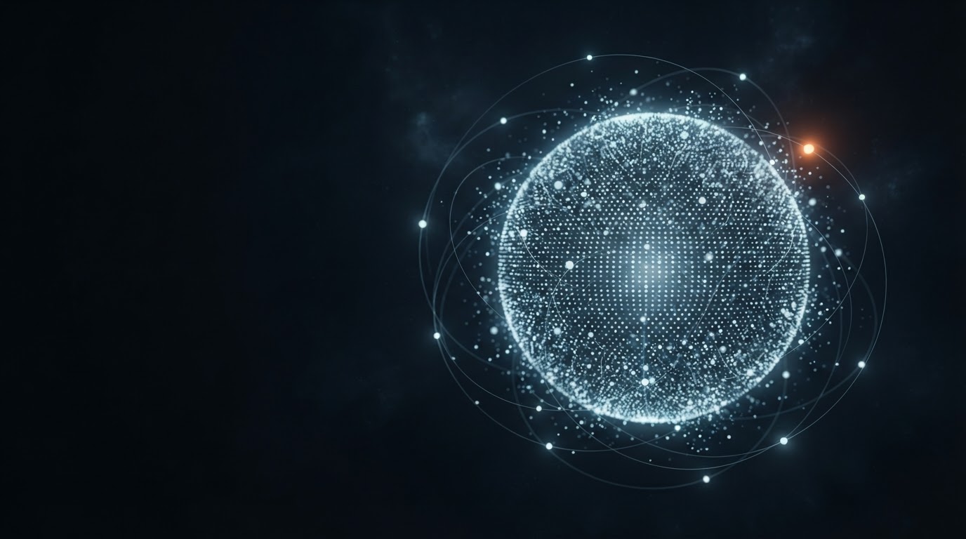 The generated image: a sphere of pale blue dots, right of center on a dark background, with thin curved lines and one orange point